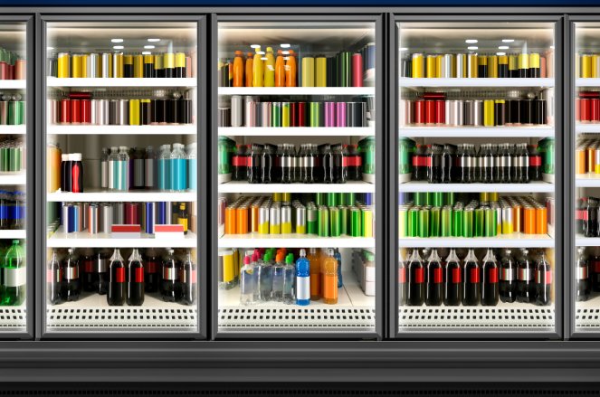 Juice cans and bottles in fridge at supermarket Food and Beverage storage